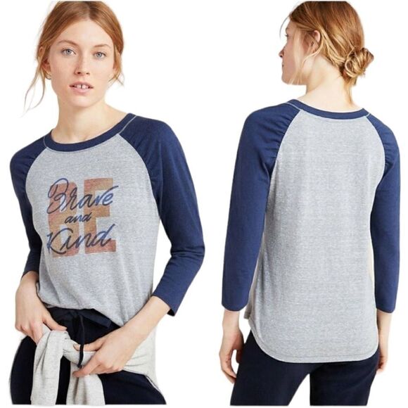 ANTHROPOLOGIE Alice Loro Retro Baseball Blue And Gray Brave And Kind Tee Sz S - Picture 1 of 14